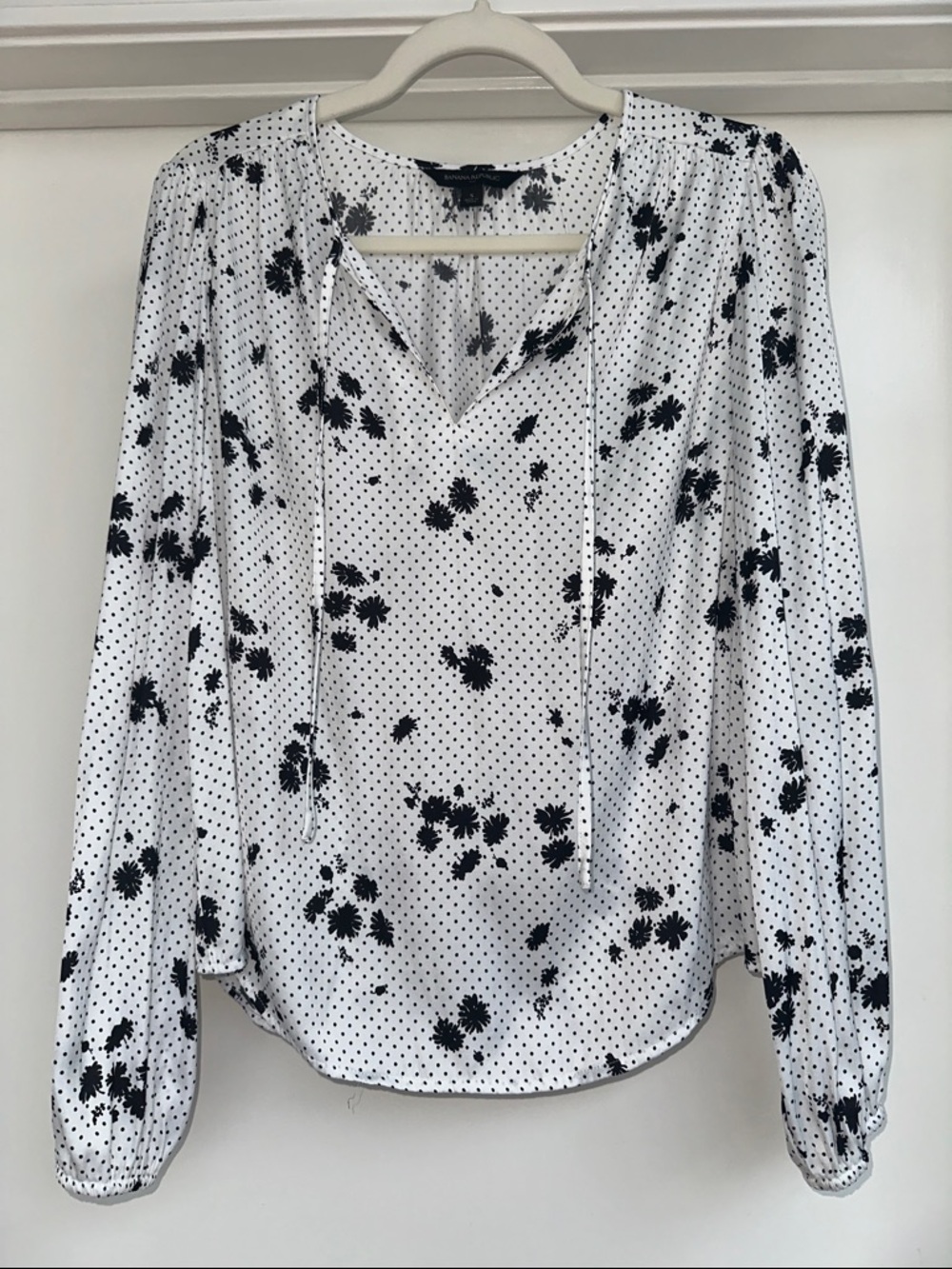 Banana Republic White Blouse with Black Floral & Polka Dot Print